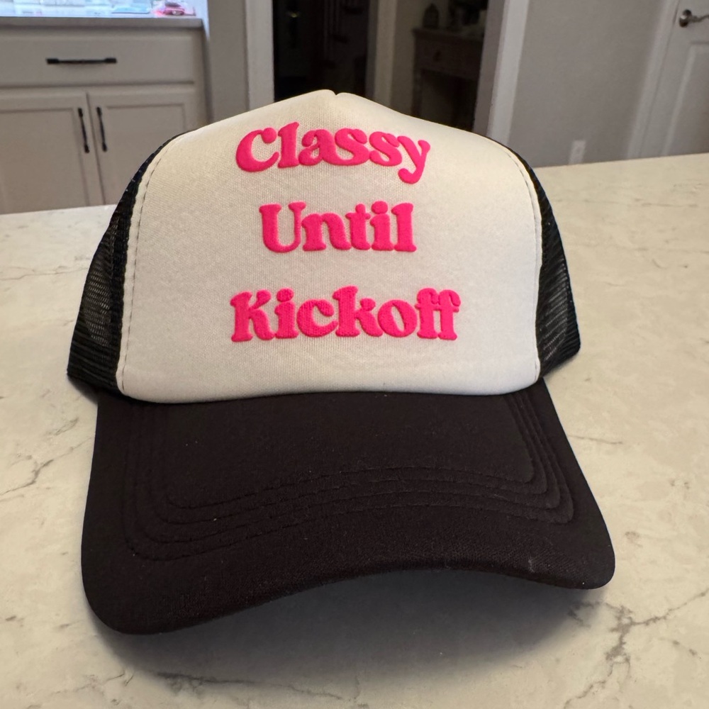 White and Black Trucker Hat with Pink Text